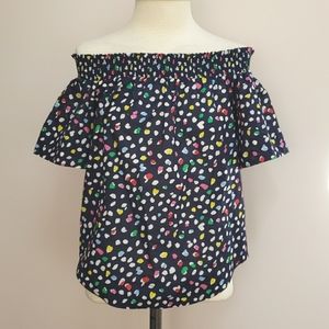 J Crew Ratti Happy Cat Off-the-shoulder Multicolor Dot Print Top, Size Small